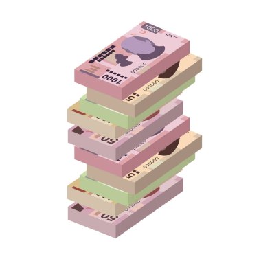 Meksika Peso Vektör İllüstrasyonu. Meksika parası demet banknotlar hazırladı. Kağıt para 50, 100, 200, 500, 1000 MXN. Düz stil. Beyaz arka planda izole edilmiş. Basit minimal tasarım.