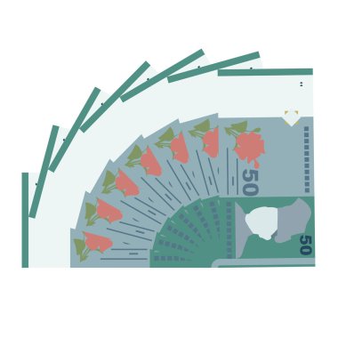 Malezya Halkası Vektör İllüstrasyonu. Malezya parası tomarla para ayarladı. Kağıt para 50 milyon. Düz stil. Beyaz arka planda izole edilmiş. Basit minimal tasarım.