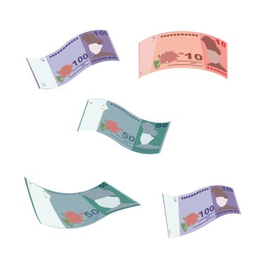 Malezya Halkası Vektör İllüstrasyonu. Malezya parası tomarla para ayarladı. Düşen, uçan para 10, 50, 100 milyon. Düz stil. Beyaz arka planda izole edilmiş. Basit minimal tasarım.