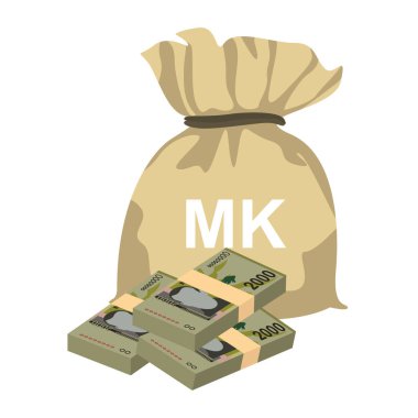 Malawi Kwacha Vector Illustration. Malawian money set bundle banknotes. Money bag 2000 MWK. Flat style. Isolated on white background. Simple minimal design. clipart