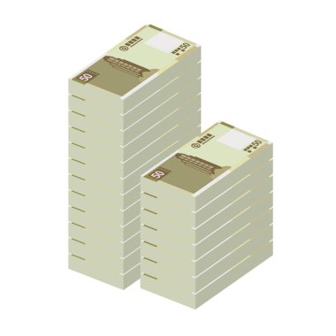 Macau Pataca Vektör İllüstrasyonu. Çin parası demet banknotlar koydu. Kağıt para 50 paspas. Düz stil. Beyaz arka planda izole edilmiş. Basit minimal tasarım.
