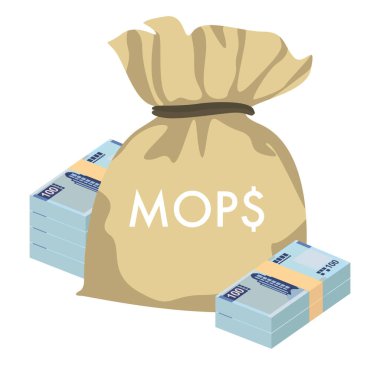 Macau Pataca Vektör İllüstrasyonu. Çin parası demet banknotlar koydu. Para çantası 100 paspas. Düz stil. Beyaz arka planda izole edilmiş. Basit minimal tasarım.