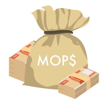 Macau Pataca Vektör İllüstrasyonu. Çin parası demet banknotlar koydu. Para çantası 1000 paspas. Düz stil. Beyaz arka planda izole edilmiş. Basit minimal tasarım.