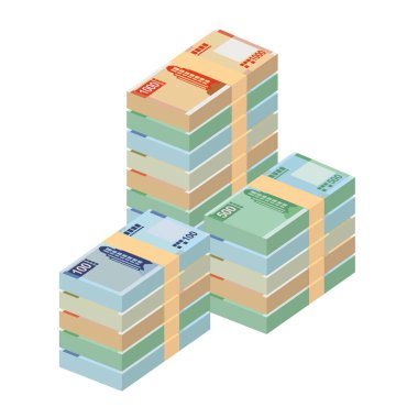 Macau Pataca Vektör İllüstrasyonu. Çin parası demet banknotlar koydu. Kağıt para 1000, 500, 100, 50 MOP. Düz stil. Beyaz arka planda izole edilmiş. Basit minimal tasarım.