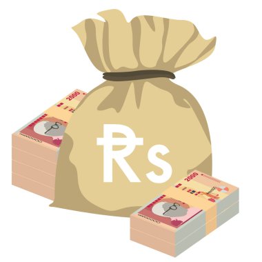 Mauritius Rupi Vektör İllüstrasyonu. Mauritian parası tomarla para biriktirdi. Para çantası 2000 MUR. Düz stil. Beyaz arka planda izole edilmiş. Basit minimal tasarım.