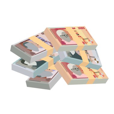 Mauritius Rupi Vektör İllüstrasyonu. Mauritian parası tomarla para biriktirdi. Kağıt para 2000, 1000, 500 MUR. Düz stil. Beyaz arka planda izole edilmiş. Basit minimal tasarım.