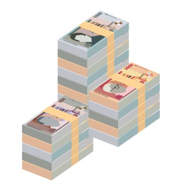 Mauritius Rupi Vektör İllüstrasyonu. Mauritian parası tomarla para biriktirdi. Kağıt para 2000, 1000, 500 MUR. Düz stil. Beyaz arka planda izole edilmiş. Basit minimal tasarım.