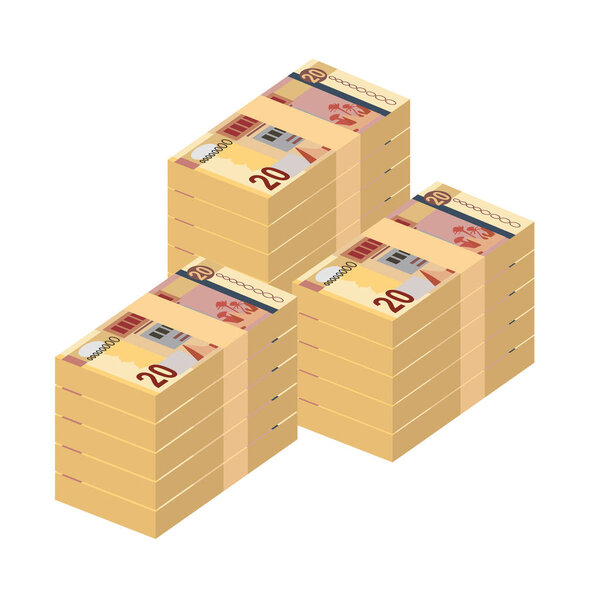 Ливийская векторная иллюстрация динаров. Ливийские деньги складывают банкноты. Бумажные деньги 20 лир. Плоский стиль. Изолированный на белом фоне. Простой минимальный дизайн.