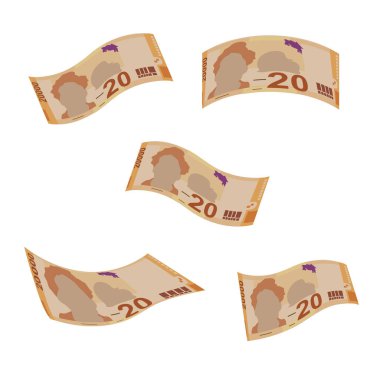 Kosta Rika Kolon Vektör İllüstrasyonu. Kosta Rika parası tomarla para biriktirdi. Düşen, uçan para 20.000 CRC. Düz stil. Beyaz arka planda izole edilmiş. Basit minimal tasarım.