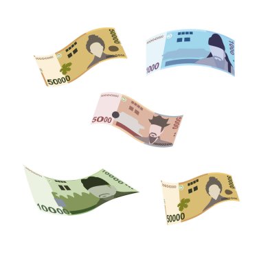 Güney Kore Won Vektör İllüstrasyonu. Güney Kore parası tomarla para biriktirdi. Düşen, uçan para 1000, 5000, 10000, 50000 KRW düz stil. Beyaz arka planda izole edilmiş. Basit minimal tasarım.