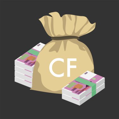 Comorian Franc Vector Illustration. Comoros money set bundle banknotes. Money bag 5000 KMF. Flat style. Isolated on white background. Simple minimal design. clipart