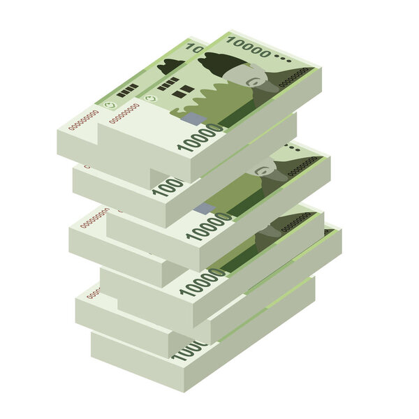 Южнокорейская Векторная иллюстрация. Южнокорейские деньги складывают банкноты. Бумажные деньги 10000 KRW. Плоский стиль. Изолированный на белом фоне. Простой минимальный дизайн.
