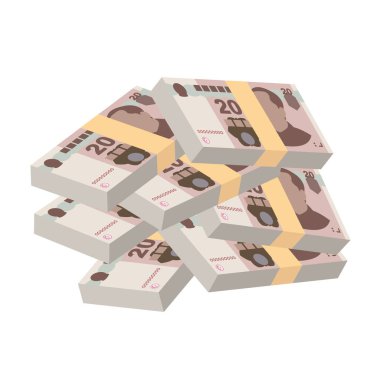 Yuan Renminbi Vektör İllüstrasyonu. Çin parası demet banknotlar koydu. Kağıt para 20 CNY. Düz stil. Beyaz arka planda izole edilmiş. Basit minimal tasarım.