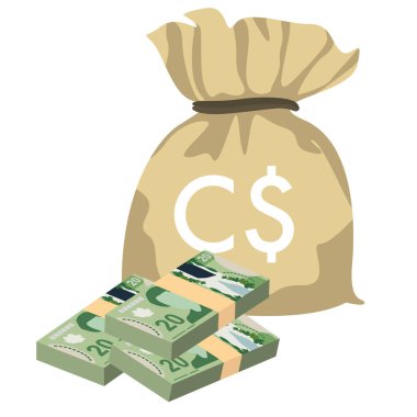 Kanada Doları Vektör İllüstrasyonu. Kanada parası demet banknotlar hazırladı. Para çantası 20 CAD. Düz stil. Beyaz arka planda izole edilmiş. Basit minimal tasarım.