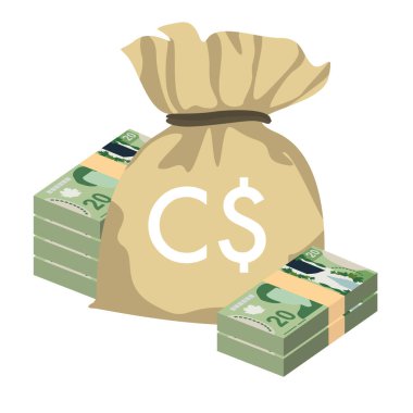 Kanada Doları Vektör İllüstrasyonu. Kanada parası demet banknotlar hazırladı. Para çantası 20 CAD. Düz stil. Beyaz arka planda izole edilmiş. Basit minimal tasarım.