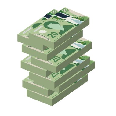 Kanada Doları Vektör İllüstrasyonu. Kanada parası demet banknotlar hazırladı. Kâğıt parası 20 CAD. Düz stil. Beyaz arka planda izole edilmiş. Basit minimal tasarım.