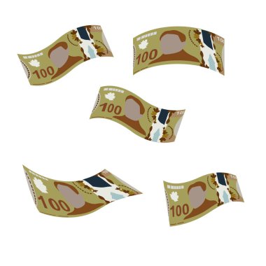 Kanada Doları Vektör İllüstrasyonu. Kanada parası demet banknotlar hazırladı. Düşen, uçan para 100 CAD. Düz stil. Beyaz arka planda izole edilmiş. Basit minimal tasarım.
