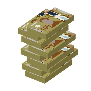 Kanada Doları Vektör İllüstrasyonu. Kanada parası demet banknotlar hazırladı. Kağıt para 100 CAD. Düz stil. Beyaz arka planda izole edilmiş. Basit minimal tasarım.