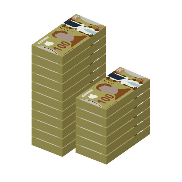 Канадская векторная иллюстрация доллара. Канадские деньги устанавливают связки банкнот. Бумажные деньги 100 CAD. Плоский стиль. Изолированный на белом фоне. Простой минимальный дизайн.