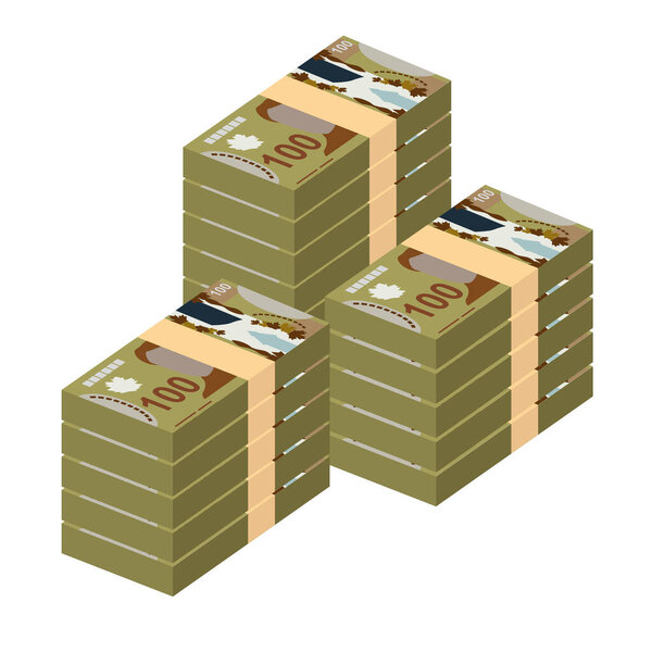 Канадская векторная иллюстрация доллара. Канадские деньги устанавливают связки банкнот. Бумажные деньги 100 CAD. Плоский стиль. Изолированный на белом фоне. Простой минимальный дизайн.