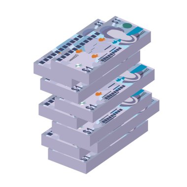 Cayman Adaları Dolar Vektörü İllüstrasyonu. Cayman Adaları (İngiltere) para demet banknotlar koydu. Kağıt para 1 KYD. Düz stil. Beyaz arka planda izole edilmiş. Basit minimal tasarım.