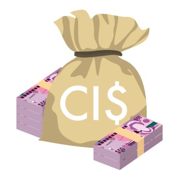 Cayman Adaları Dolar Vektörü İllüstrasyonu. Cayman Adaları (İngiltere) para demet banknotlar koydu. Para çantası 50 KYD. Düz stil. Beyaz arka planda izole edilmiş. Basit minimal tasarım.