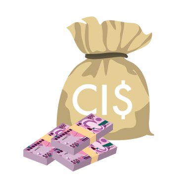 Cayman Adaları Dolar Vektörü İllüstrasyonu. Cayman Adaları (İngiltere) para demet banknotlar koydu. Para çantası 50 KYD. Düz stil. Beyaz arka planda izole edilmiş. Basit minimal tasarım.