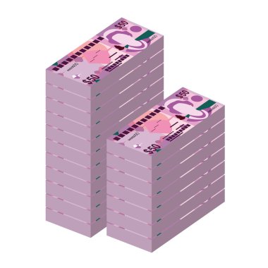 Cayman Adaları Dolar Vektörü İllüstrasyonu. Cayman Adaları (İngiltere) para demet banknotlar koydu. Kağıt para 50 KYD. Düz stil. Beyaz arka planda izole edilmiş. Basit minimal tasarım.