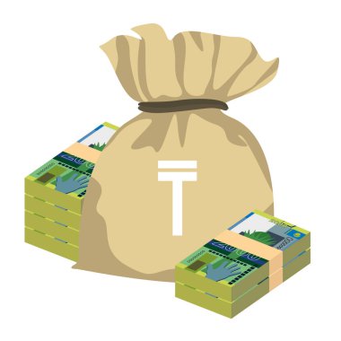 Kazak Tenge Vektör İllüstrasyonu. Kazakistan parası tomarla para ayarladı. Para çantası 2000 KZT. Düz stil. Beyaz arka planda izole edilmiş. Basit minimal tasarım.