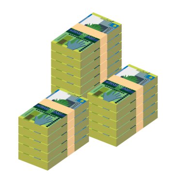 Kazak Tenge Vektör İllüstrasyonu. Kazakistan parası tomarla para ayarladı. Kağıt parası 2000 KZT. Düz stil. Beyaz arka planda izole edilmiş. Basit minimal tasarım.