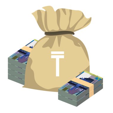 Kazakh Tenge Vector Illustration. Kazakhstan money set bundle banknotes. Money bag 10000 KZT. Flat style. Isolated on white background. Simple minimal design. clipart