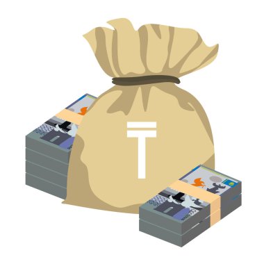 Kazak Tenge Vektör İllüstrasyonu. Kazakistan parası tomarla para ayarladı. Para çantası 20.000 KZT. Düz stil. Beyaz arka planda izole edilmiş. Basit minimal tasarım.