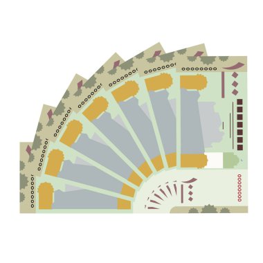Yemen Rial Vektör İllüstrasyonu. Yemen parası tomarla para ayarladı. Kağıt para 1000 Yer. Düz stil. Beyaz arka planda izole edilmiş. Basit minimal tasarım.