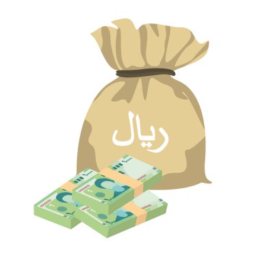 İranlı Rial Vector Illustration. İran, Afganistan, Hac ve Suriye 'den gelen paralar tomarla para getirdi. Para çantası 10000 IRR. Düz stil. Beyaz arka planda izole edilmiş. Basit minimal tasarım.