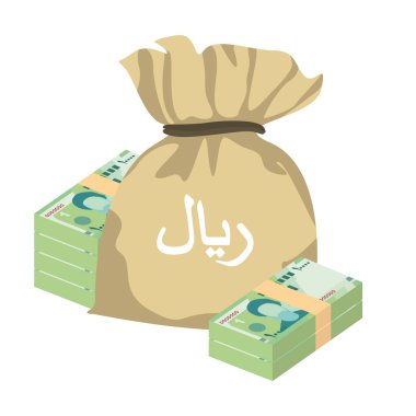 İranlı Rial Vector Illustration. İran, Afganistan, Hac ve Suriye 'den gelen paralar tomarla para getirdi. Para çantası 10000 IRR. Düz stil. Beyaz arka planda izole edilmiş. Basit minimal tasarım.
