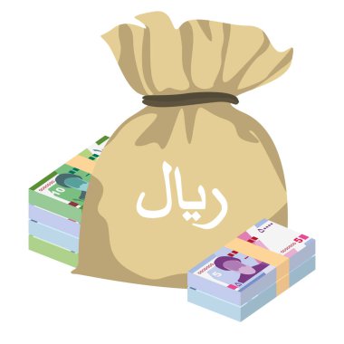 İranlı Rial Vector Illustration. İran, Afganistan, Hac ve Suriye 'den gelen paralar tomarla para getirdi. Para çantası IRR. Düz stil. Beyaz arka planda izole edilmiş. Basit minimal tasarım.