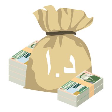 Ürdün Dinar Vektör İllüstrasyonu. Jordan, Batı Şeria 'nın parası tomarla para ayarladı. Para çantası 1 JOD. Düz stil. Beyaz arka planda izole edilmiş. Basit minimal tasarım.
