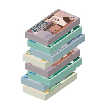 Ürdün Dinar Vektör İllüstrasyonu. Jordan, Batı Şeria 'nın parası tomarla para ayarladı. Kağıt para 1, 10, 20, 50 JOD. Düz stil. Beyaz arka planda izole edilmiş. Basit minimal tasarım.