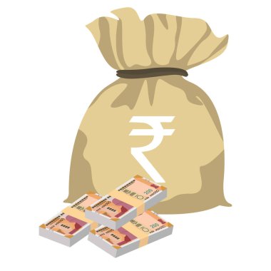 Hint Rupisi Vektör İllüstrasyonu. Hindistan, Butan parası tomarla para biriktirdi. Para çantası 200 INR. Düz stil. Beyaz arka planda izole edilmiş. Basit minimal tasarım.
