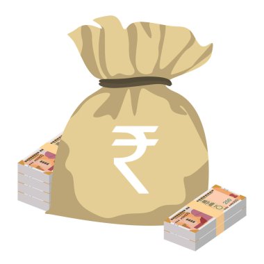 Hint Rupisi Vektör İllüstrasyonu. Hindistan, Butan parası tomarla para biriktirdi. Para çantası 200 INR. Düz stil. Beyaz arka planda izole edilmiş. Basit minimal tasarım.