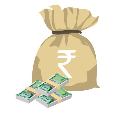 Hint Rupisi Vektör İllüstrasyonu. Hindistan, Butan parası tomarla para biriktirdi. Para çantası 1000 INR. Düz stil. Beyaz arka planda izole edilmiş. Basit minimal tasarım.