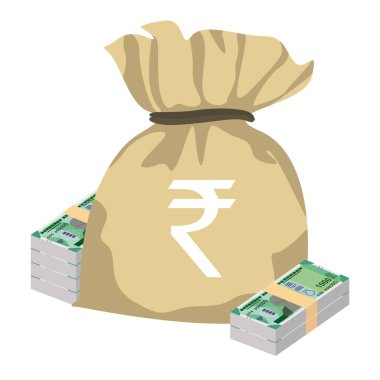 Hint Rupisi Vektör İllüstrasyonu. Hindistan, Butan parası tomarla para biriktirdi. Para çantası 1000 INR. Düz stil. Beyaz arka planda izole edilmiş. Basit minimal tasarım.