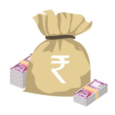 Hint Rupisi Vektör İllüstrasyonu. Hindistan, Butan parası tomarla para biriktirdi. Para çantası 2000 INR. Düz stil. Beyaz arka planda izole edilmiş. Basit minimal tasarım.