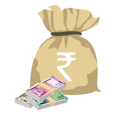 Hint Rupisi Vektör İllüstrasyonu. Hindistan, Butan parası tomarla para biriktirdi. Para çantası 500, 1000, 2000 INR. Düz stil. Beyaz arka planda izole edilmiş. Basit minimal tasarım.