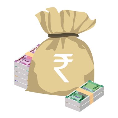 Hint Rupisi Vektör İllüstrasyonu. Hindistan, Butan parası tomarla para biriktirdi. Para çantası 500, 1000, 2000 INR. Düz stil. Beyaz arka planda izole edilmiş. Basit minimal tasarım.
