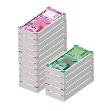 Hint Rupisi Vektör İllüstrasyonu. Hindistan, Butan parası tomarla para biriktirdi. Kağıt para 100, 200, 500, 1000, 2000 INR. Düz stil. Beyaz arka planda izole edilmiş. Basit minimal tasarım.