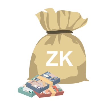 Zambian Kwacha Vektör İllüstrasyonu. Zimbabwe parası tomarla para ayarladı. Para çantası 10000, 20.000, 50000 ZMW. Düz stil. Beyaz arka planda izole edilmiş. Basit minimal tasarım.