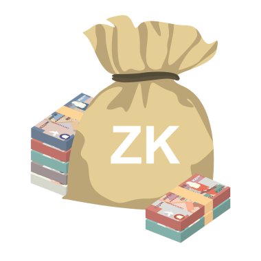 Zambian Kwacha Vektör İllüstrasyonu. Zimbabwe parası tomarla para ayarladı. Para çantası 10000, 20.000, 50000 ZMW. Düz stil. Beyaz arka planda izole edilmiş. Basit minimal tasarım.