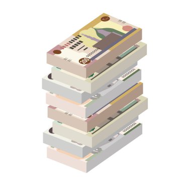 Mısır Pound Vector Illustration. Mısır, Gazze Şeridi, para demetleri. Kağıt para. 20, 50, 100, 200 EGP. Düz stil. Beyaz arka planda izole edilmiş. Basit minimal tasarım.