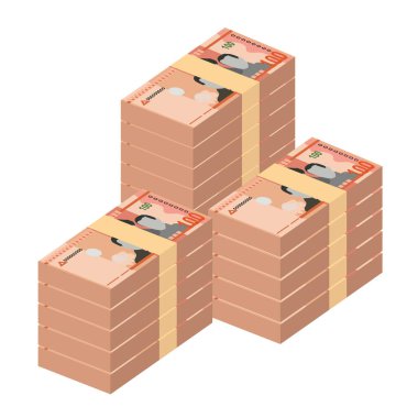 Dominik Peso Vektör İllüstrasyonu. Dominik Cumhuriyeti parası tomarla para biriktirdi. Kağıt para 100 DOP. Düz stil. Beyaz arka planda izole edilmiş. Basit minimal tasarım.